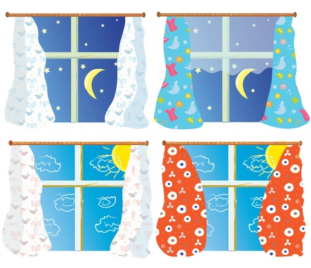 Windows set with pattern curtains in day and nightのイラスト素材