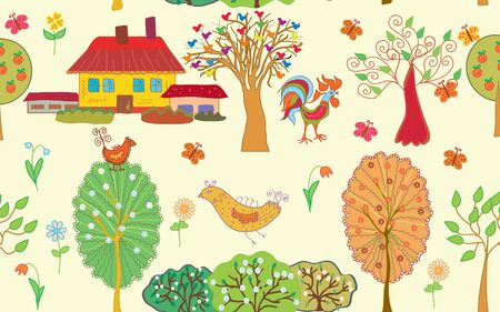 Village seamless pattern with trees and farmのイラスト素材