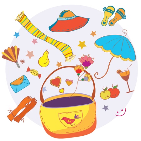 Cartoon bag with funny objects fashion cardのイラスト素材