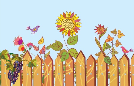 Fence and flowers cartoon border in summer with birdのイラスト素材