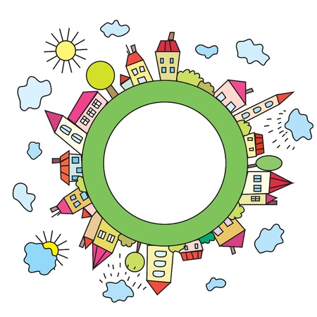 Cartoon childish city on the planetのイラスト素材