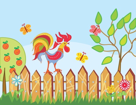 Border with rooster, trees and flowers in summerのイラスト素材