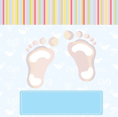 Baby boy arrival card with footprints and patternのイラスト素材