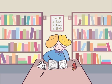 Child reading in the library cartoonのイラスト素材