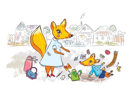 Family scene at the street with fox cartoonのイラスト素材