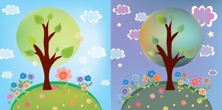 Landscape with tree at day and night cartoonのイラスト素材