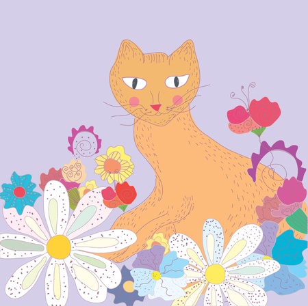 Funny greeting card with cat and flowersのイラスト素材