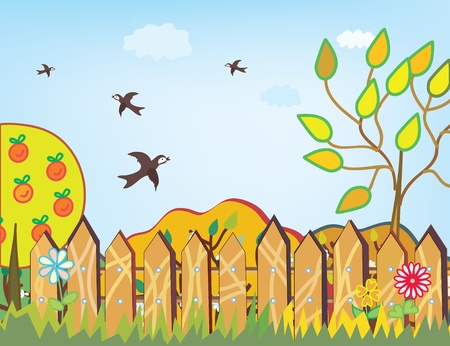 Autumn background with birds and fenceのイラスト素材
