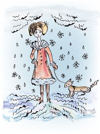 Sad girl with dog under the snow and rainのイラスト素材