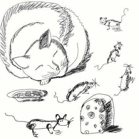 Cat and mouse cartoon sketchのイラスト素材