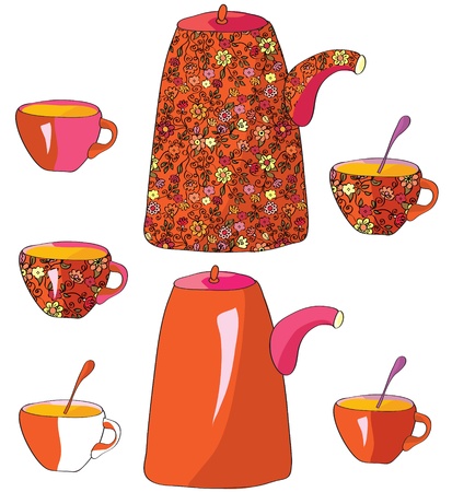 Tea pots and cups with patternのイラスト素材