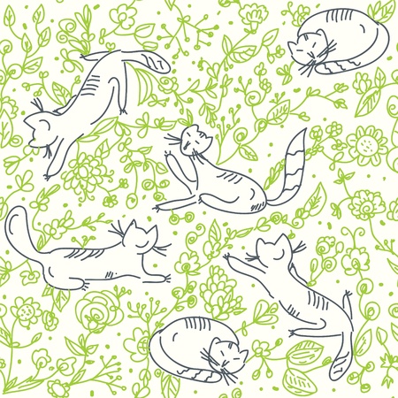 Seamless floral wallpaper with cats and rosesのイラスト素材