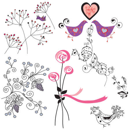 Floral design elements and birds setのイラスト素材