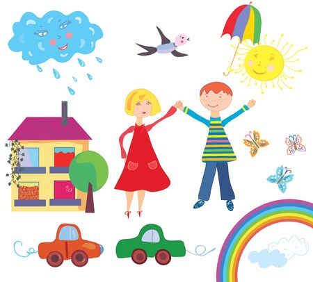 Children set with objects and natureのイラスト素材
