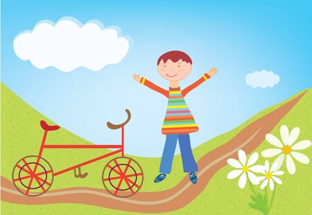 Boy and bicycle outdoorBoy and bicycle outdoor cartoonのイラスト素材