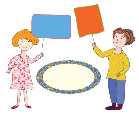 Boy and girl with banner cartoonのイラスト素材