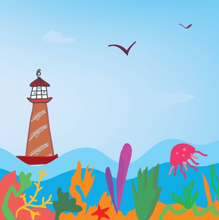 Sea background with lighthouse and algaeのイラスト素材