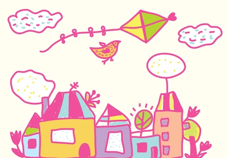 Kids funny background with kite, houses, flowers のイラスト素材