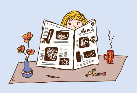 Girl reading newspaper at the tea table cartoonのイラスト素材
