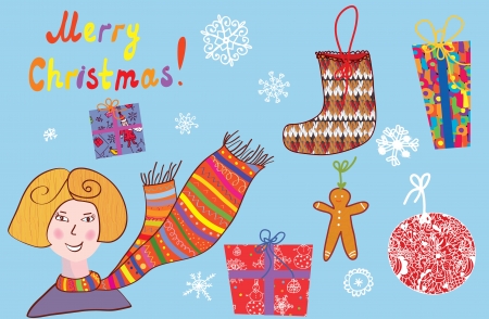 Christmas set of details with girl and greetingのイラスト素材