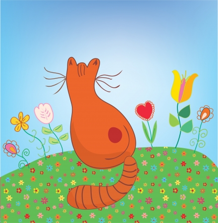 Cat outdoor in the flowers funny cartoonのイラスト素材