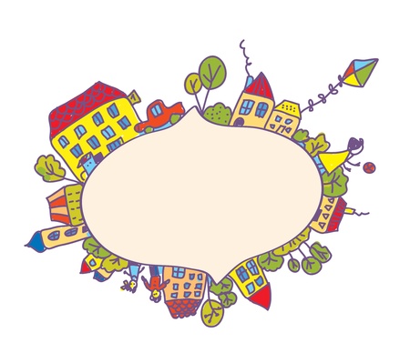 Frame with children, houses, kite funny designのイラスト素材