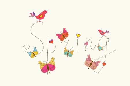 Spring word banner with butterflies and birdsのイラスト素材