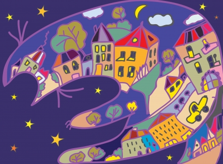 Greeting card with cat and night town - childish design のイラスト素材