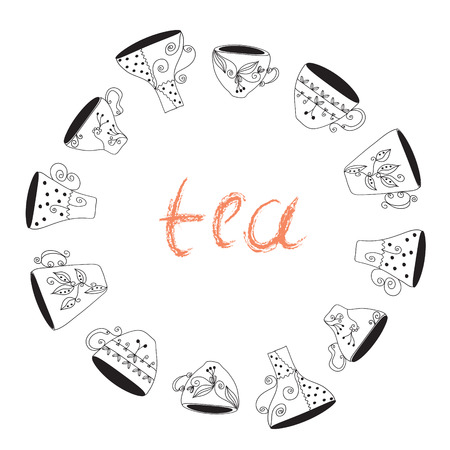 Tea cups frame funny banner hand drawn designのイラスト素材