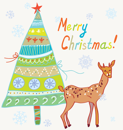 Christmas card with tree and deer funny design のイラスト素材