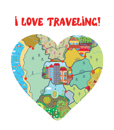 I love travel funny card with map heartのイラスト素材