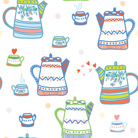 Tea seamless pattern with pots and cup cute designのイラスト素材