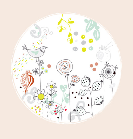 Greeting card with flowers, bird - circle design cuteのイラスト素材