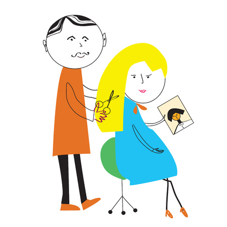 Hairdresser and woman cartoon funny scene  illustrationのイラスト素材