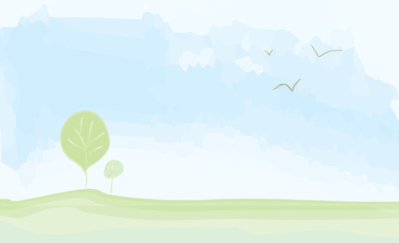 Peaceful landscape summer - watercolor painting illustrationのイラスト素材