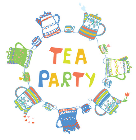 Tea party card with pots and cups cute designのイラスト素材
