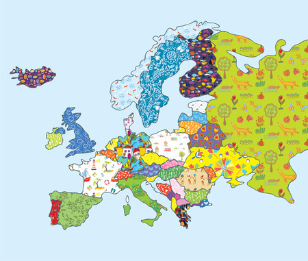 Europe map funny design with pattern and iconsのイラスト素材