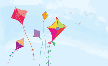 Banner with sky, kites and birds horizontal designのイラスト素材