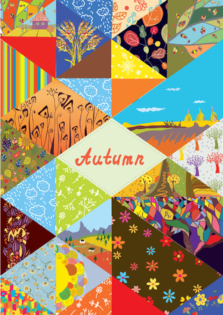 Autumn cover background with frame and set of collage elements - patterns , nature, abstract detailsのイラスト素材
