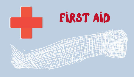 First aid banner with red cross and bandage - hand drawn illustrationのイラスト素材