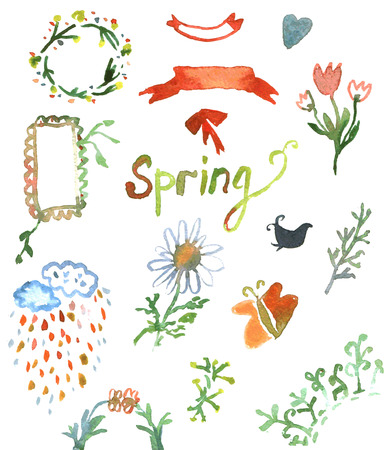 Watercolor design elements for spring - flowers, wreath, leaves, bannersのイラスト素材