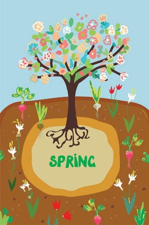 Spring agriculture banner for the garden - flowers and tree growing and blossomのイラスト素材