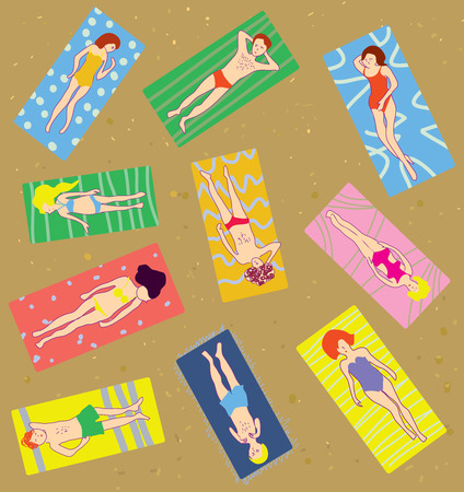 Many people on the beach - summer illustrationのイラスト素材