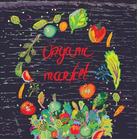 Organic market banner for with fresh vegetables and greensのイラスト素材