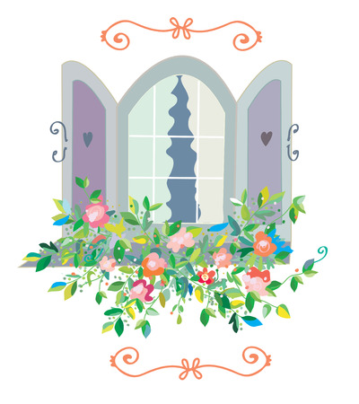 Window with flowers card - retro design for sweet homeのイラスト素材
