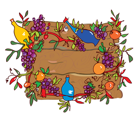 Wooden frame with grape and wine - sketchy designのイラスト素材