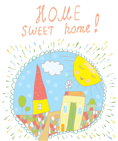 Sweet home card with town and sun - cute illustrationのイラスト素材