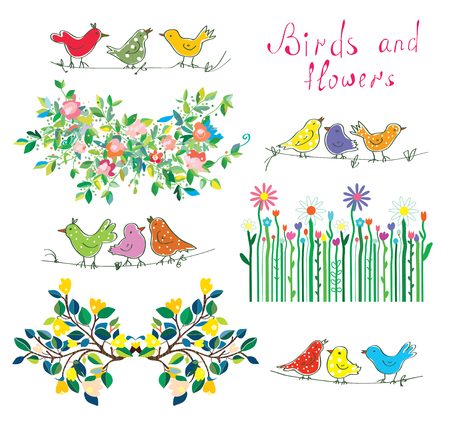 Floral design elements and birds set - cute illlustrationsのイラスト素材
