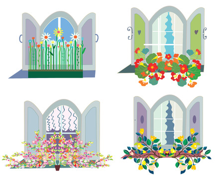 Windows with flowers box design set - funny illustrationのイラスト素材