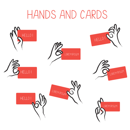 Hands holding cards for advertising set - illustrationのイラスト素材
